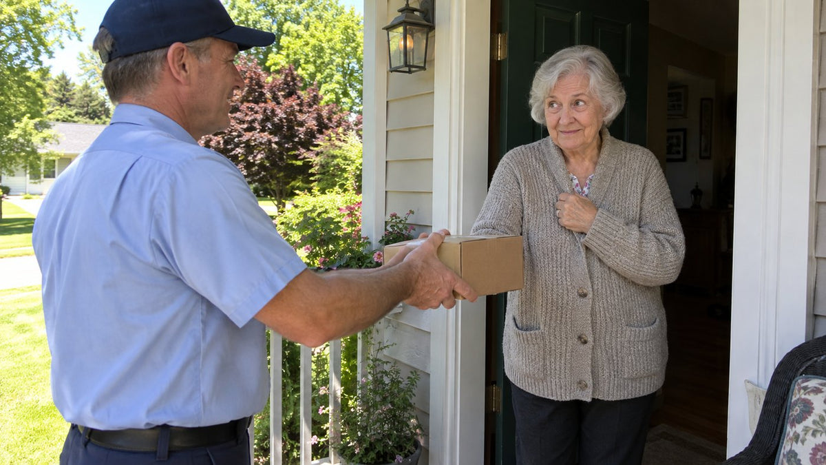 Answering the door in a heavy cardigan in July