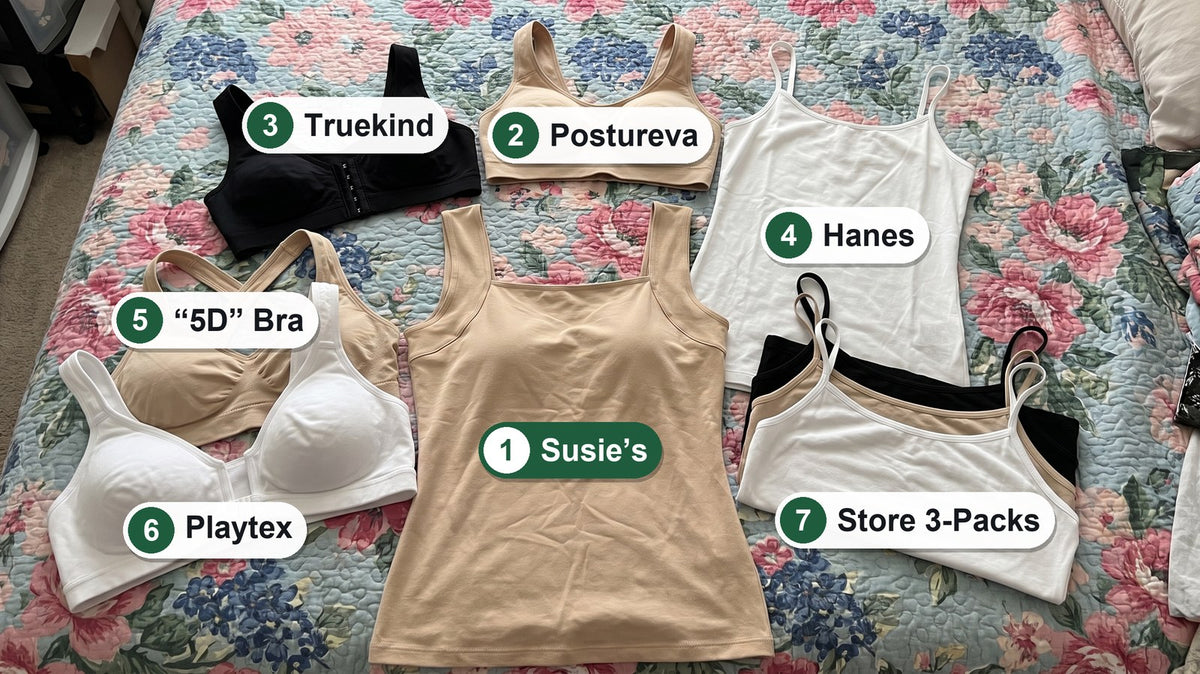 The seven we bought: Susie’s, Postureva, Truekind, Hanes, the “5D” bra, Playtex and the store-brand three-packs. Six of them failed at least one of our three tests.
