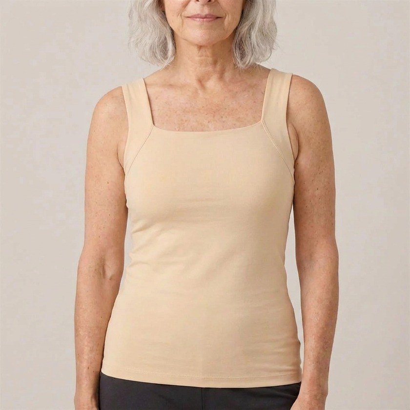 A woman in her sixties wearing Susie's Built-in Bra Comfort Tank