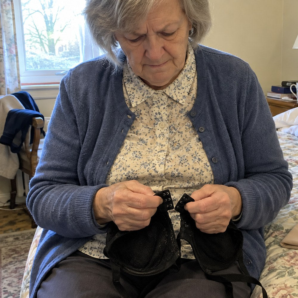 Struggling with a bra hook behind the back
